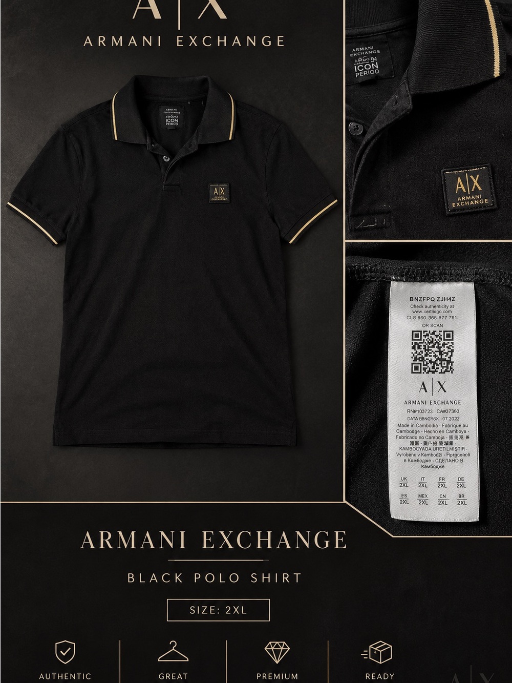 Armani Exchange Black Polo with Gold Trim